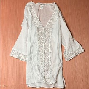 White crochet v-neck tunic swimsuit cover-up